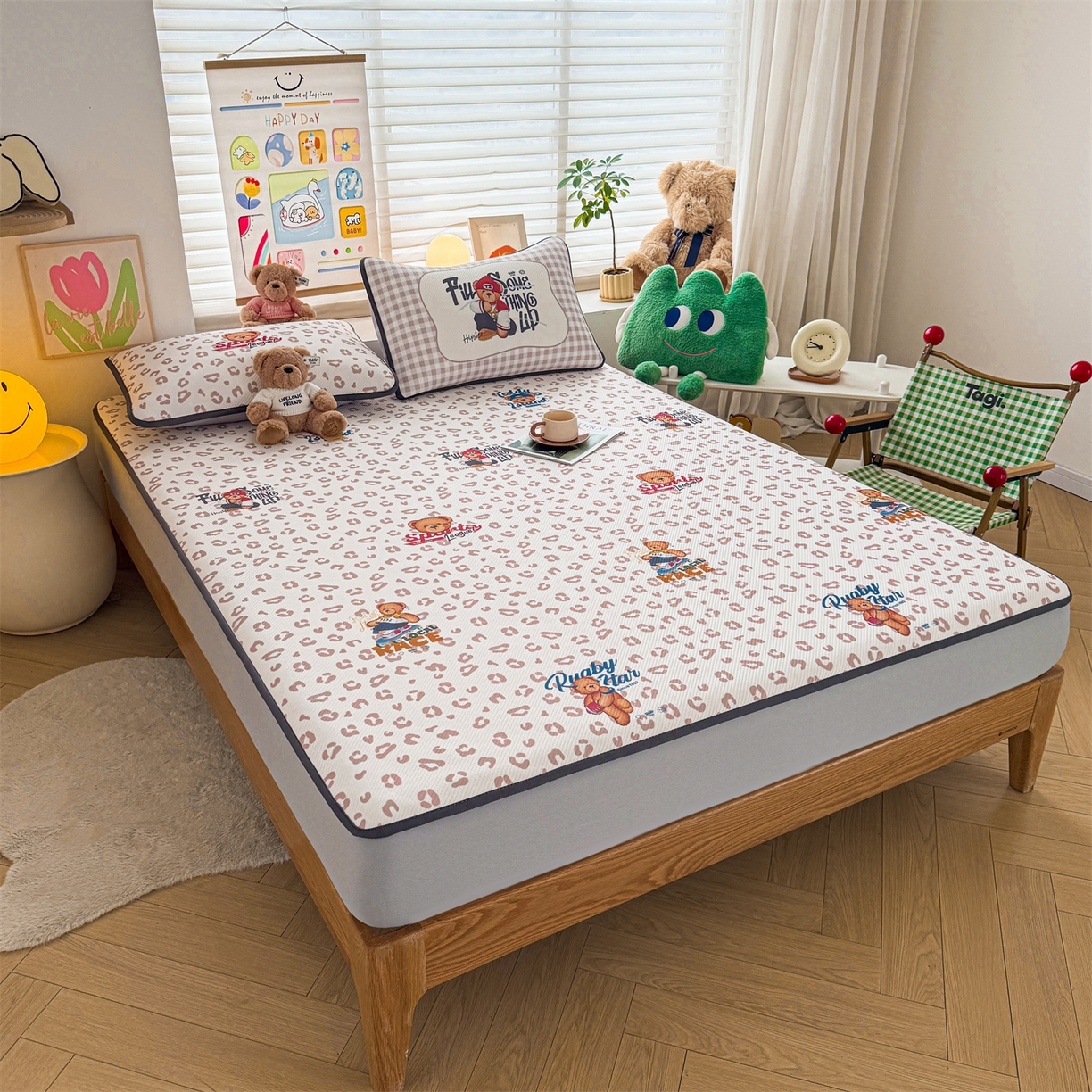 91家纺网 家纺一手货源 找家纺 慕木家纺 2026春夏新款泰迪冰丝席系列凉席席子空调软席平席和床笠 泰迪豹纹 床笠款