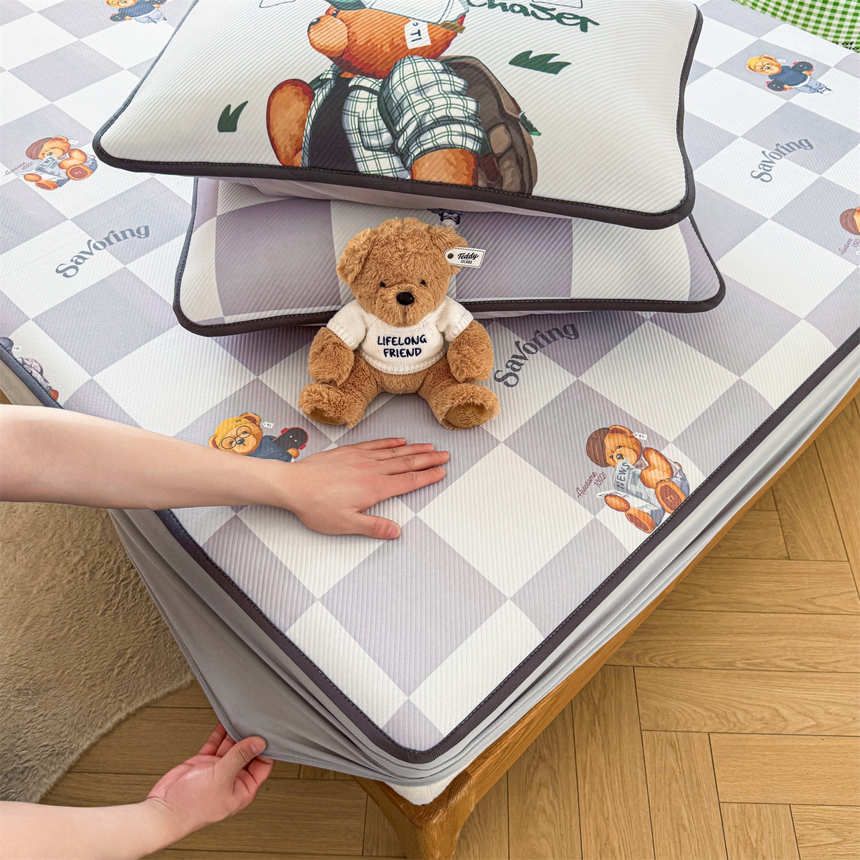 慕木家纺 2026春夏新款泰迪冰丝席系列凉席席子空调软席平席和床笠 泰迪灰格 床笠款