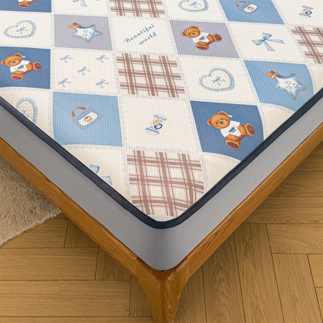 91家纺网 家纺一手货源 找家纺 慕木家纺 2026春夏新款泰迪冰丝席系列凉席席子空调软席平席和床笠 泰迪菱形 床笠款