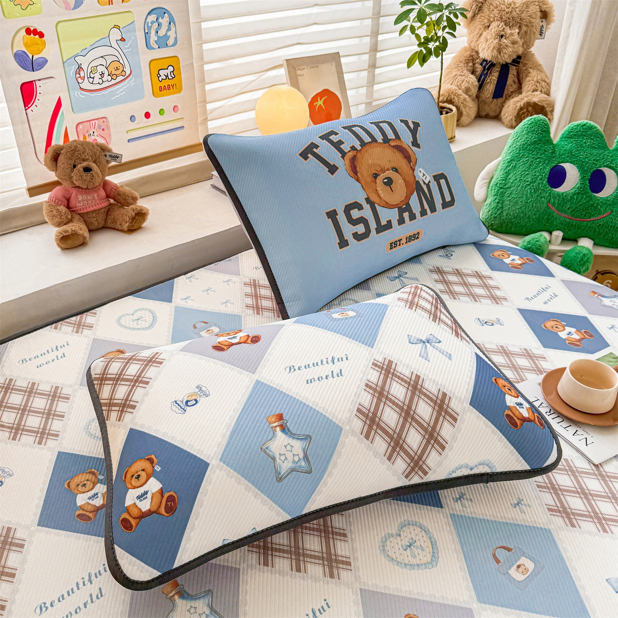 91家纺网 家纺一手货源 找家纺 慕木家纺 2026春夏新款泰迪冰丝席系列凉席席子空调软席平席和床笠 泰迪菱形 床笠款