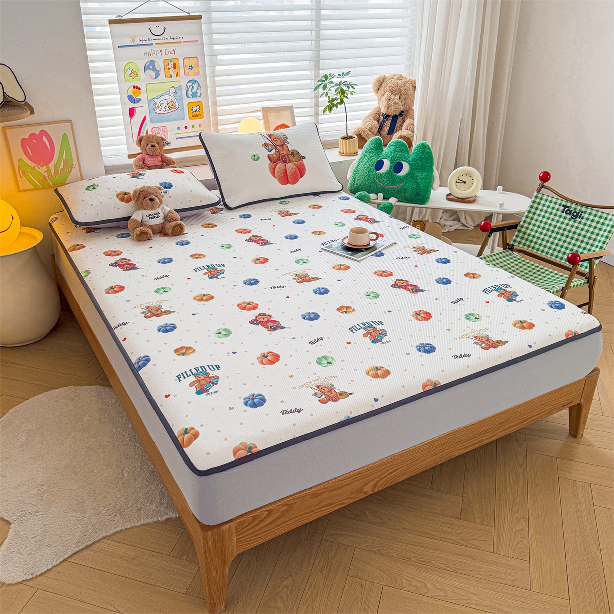 91家纺网 家纺一手货源 找家纺 慕木家纺 2026春夏新款泰迪冰丝席系列凉席席子空调软席平席和床笠 泰迪南瓜仔 床笠款