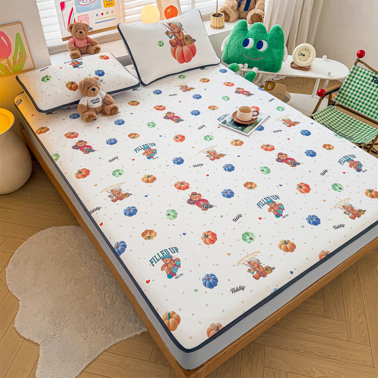 91家纺网 家纺一手货源 找家纺 慕木家纺 2026春夏新款泰迪冰丝席系列凉席席子空调软席平席和床笠 泰迪南瓜仔 床笠款