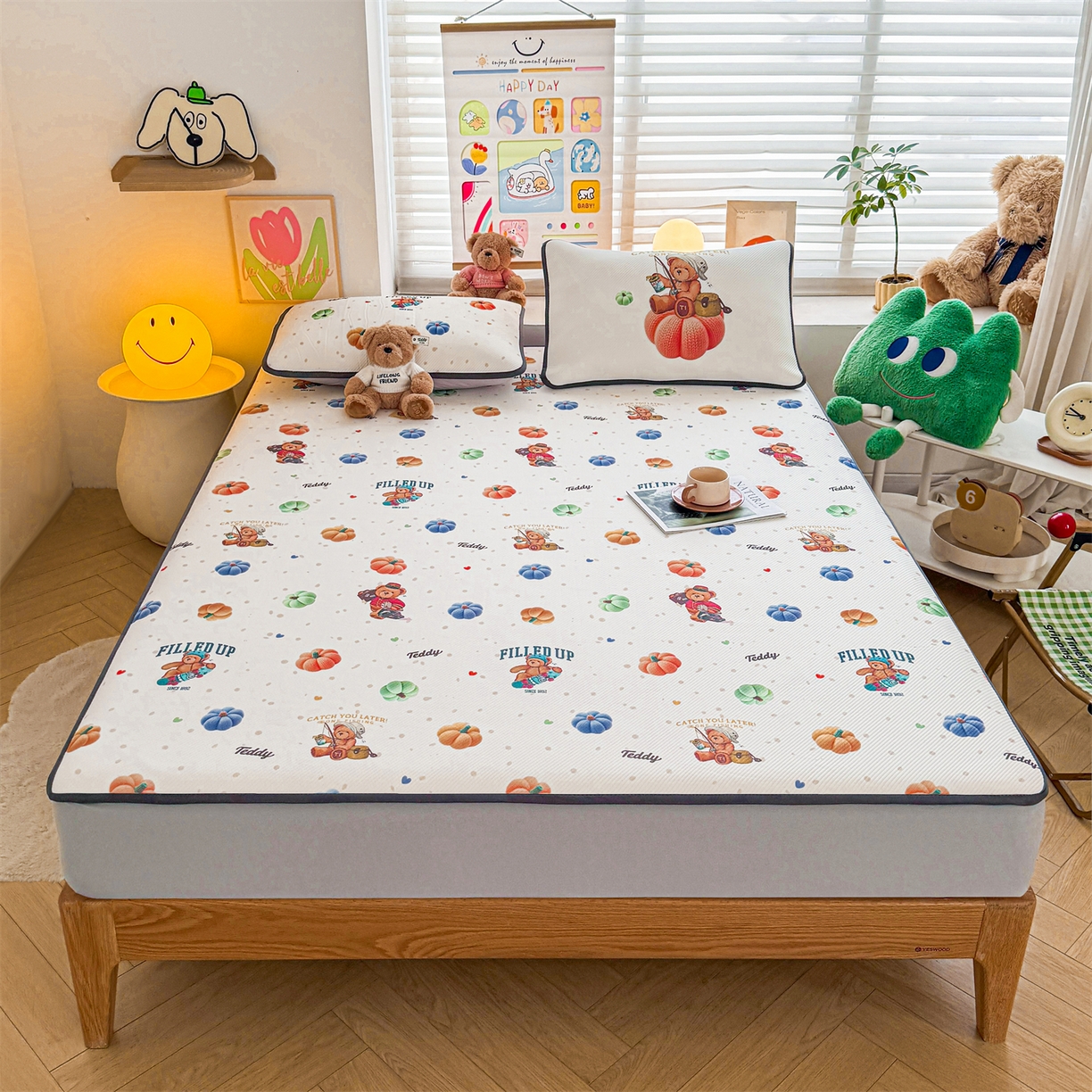 91家纺网 家纺一手货源 找家纺 慕木家纺 2026春夏新款泰迪冰丝席系列凉席席子空调软席平席和床笠 泰迪南瓜仔 床笠款