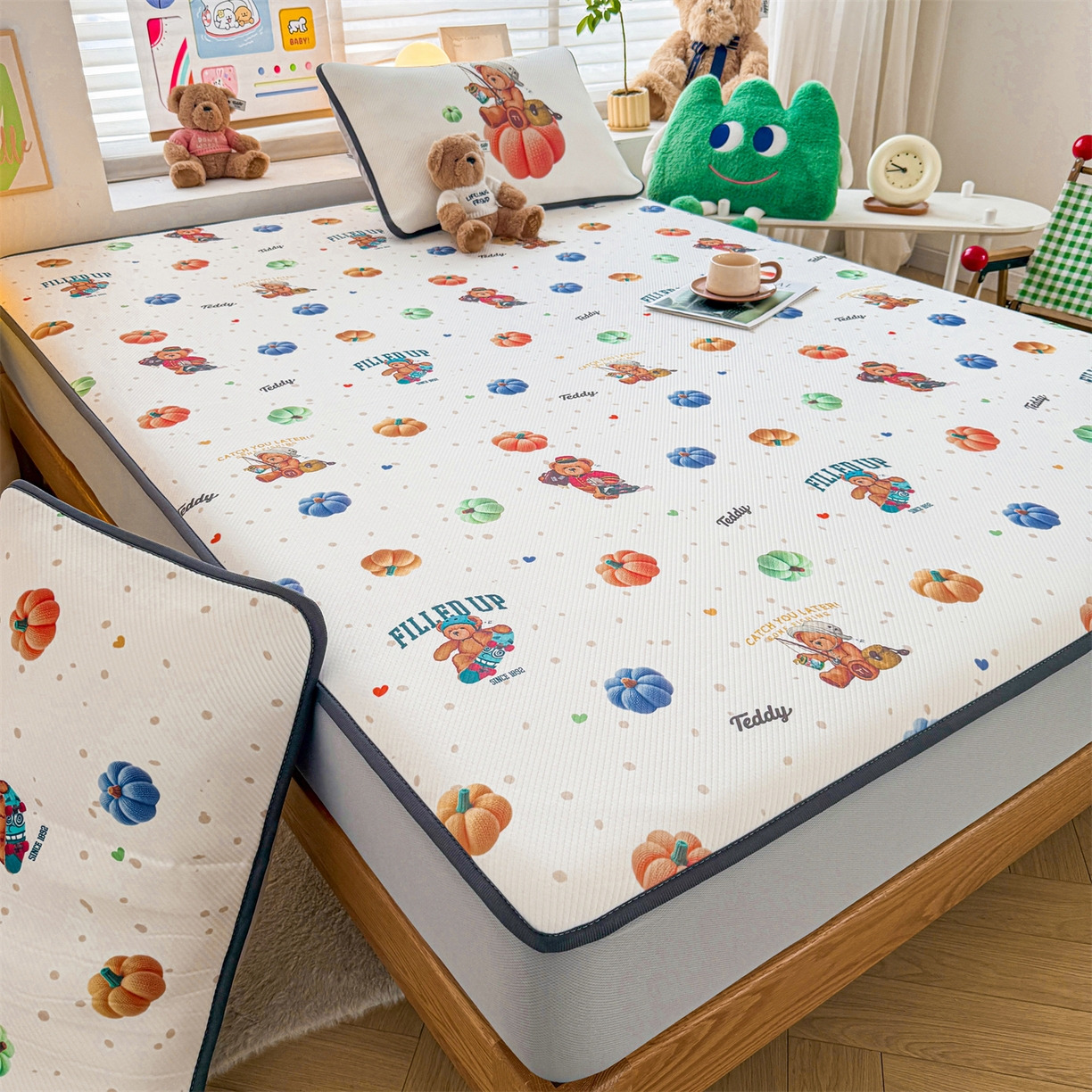 91家纺网 家纺一手货源 找家纺 慕木家纺 2026春夏新款泰迪冰丝席系列凉席席子空调软席平席和床笠 泰迪南瓜仔 床笠款