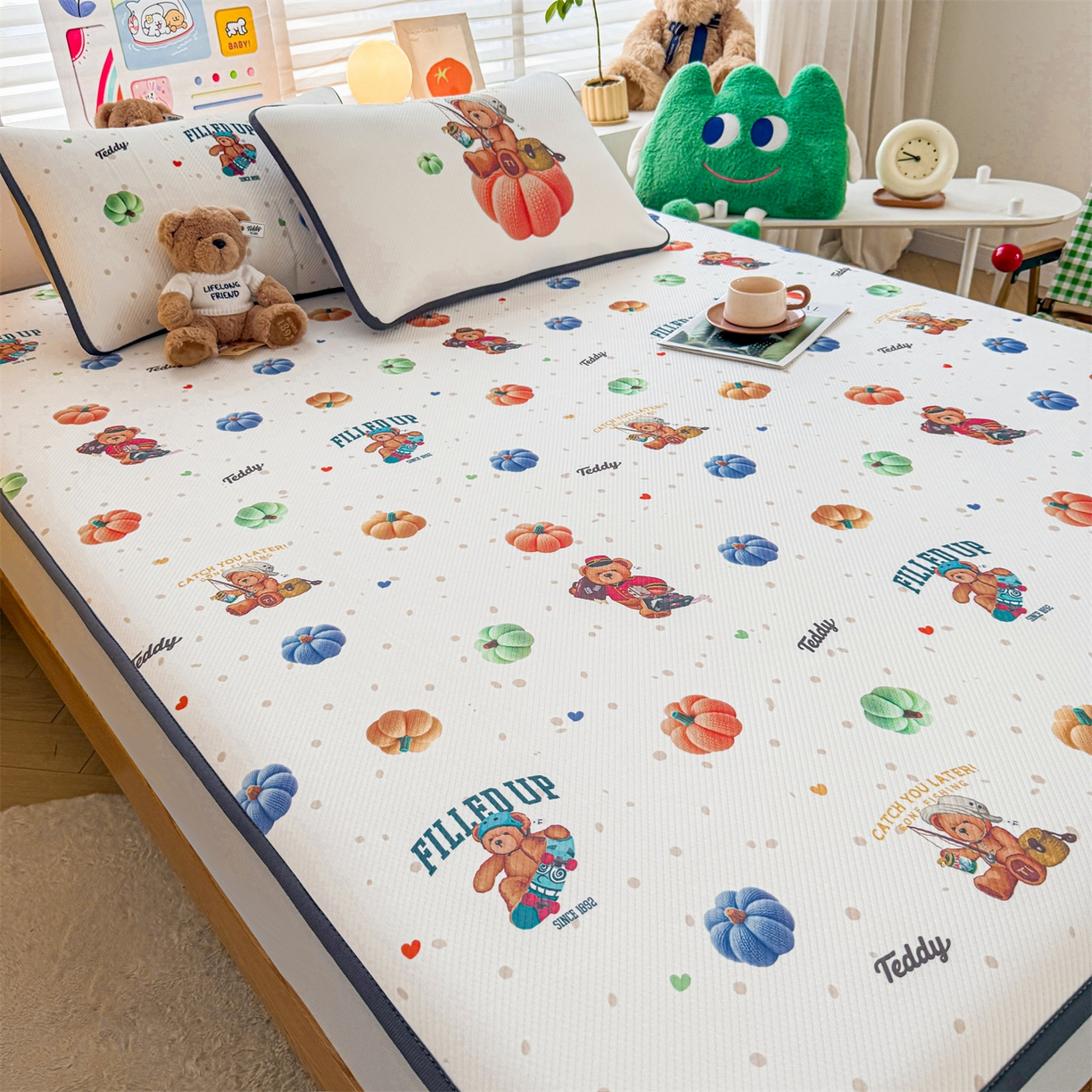 91家纺网 家纺一手货源 找家纺 慕木家纺 2026春夏新款泰迪冰丝席系列凉席席子空调软席平席和床笠 泰迪南瓜仔 床笠款