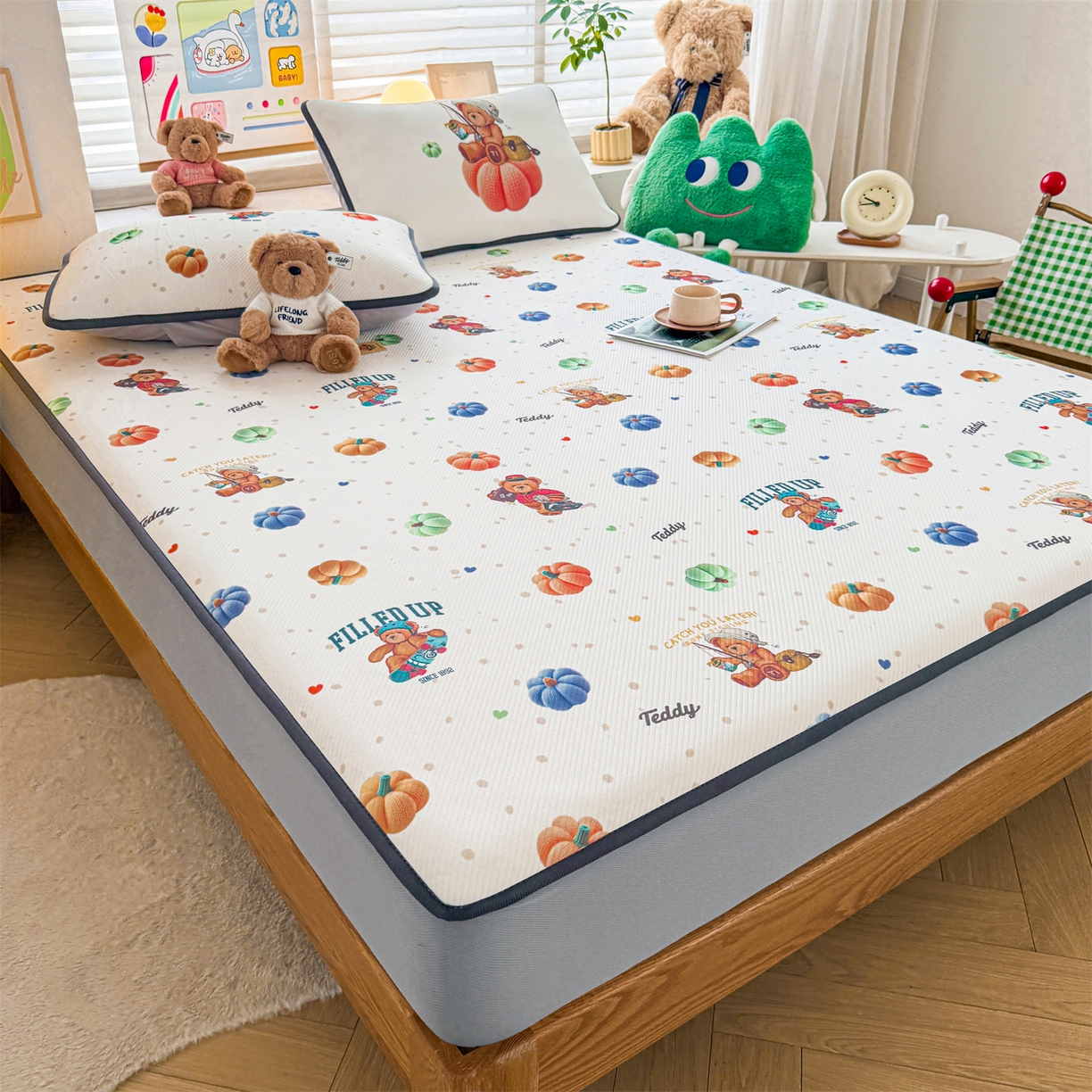 91家纺网 家纺一手货源 找家纺 慕木家纺 2026春夏新款泰迪冰丝席系列凉席席子空调软席平席和床笠 泰迪南瓜仔 床笠款