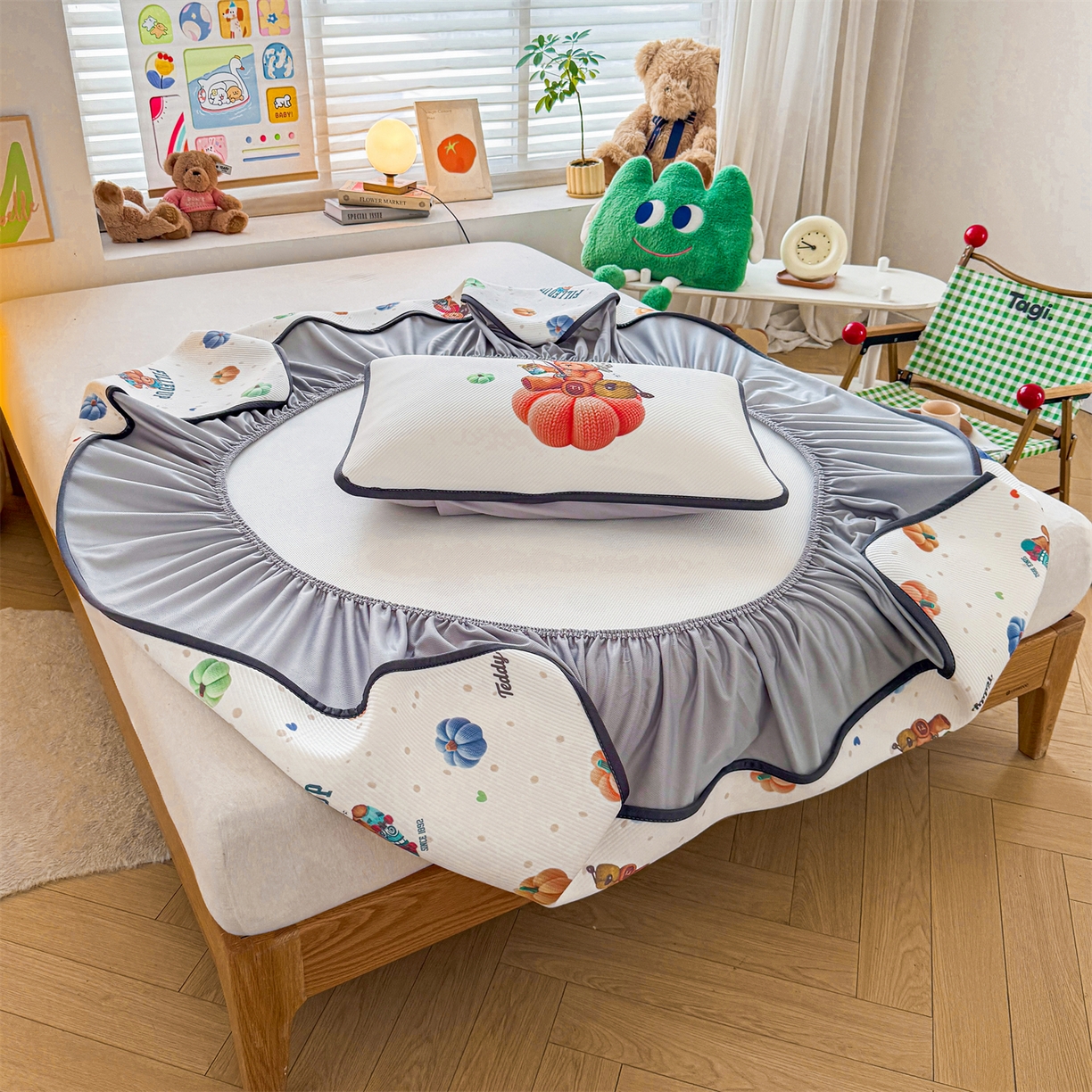 91家纺网 家纺一手货源 找家纺 慕木家纺 2026春夏新款泰迪冰丝席系列凉席席子空调软席平席和床笠 泰迪南瓜仔 床笠款