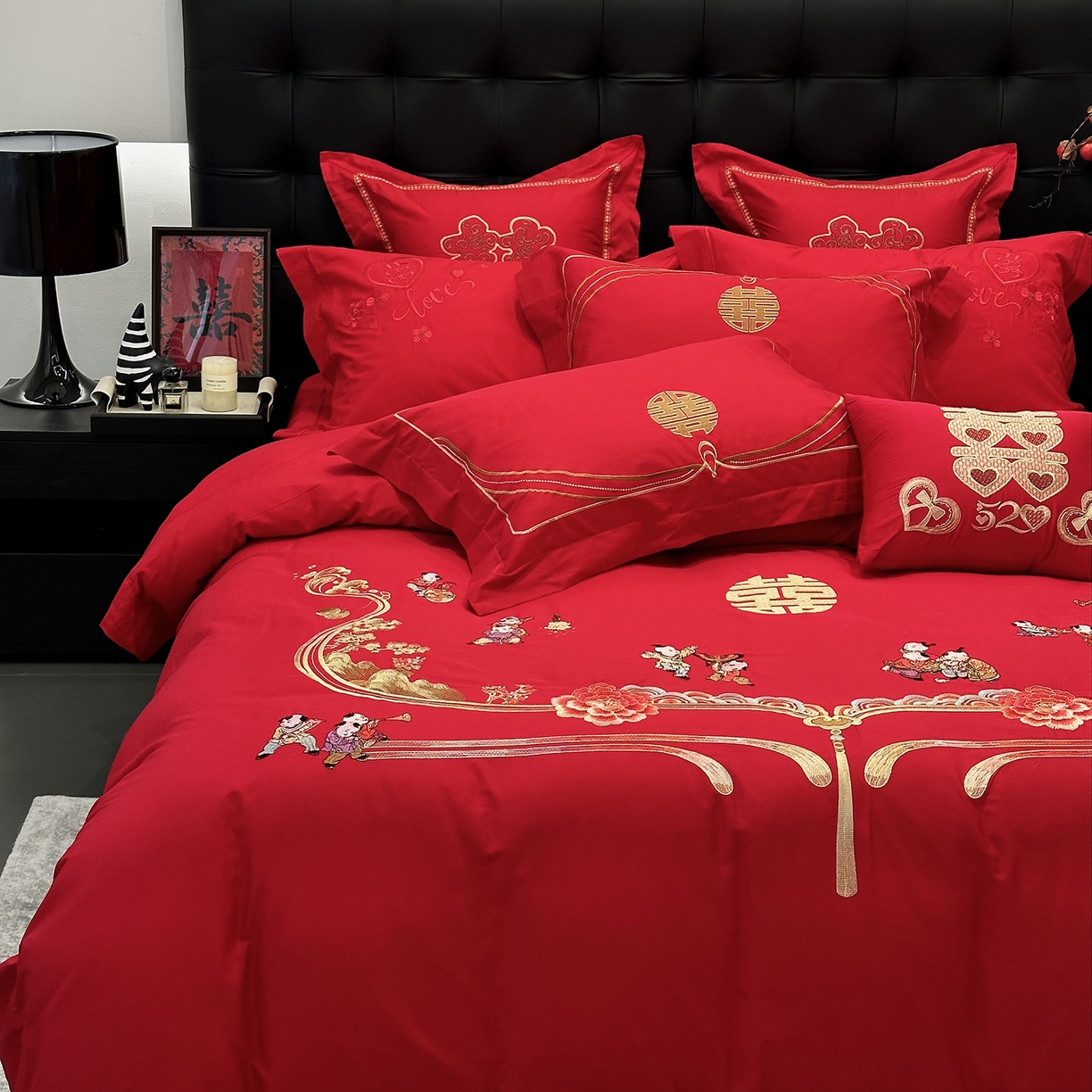 91家纺网 家纺一手货源 找家纺 （总）JUICY 橘滋家纺 2026新款全棉大红刺绣婚庆实惠款四件套多件套