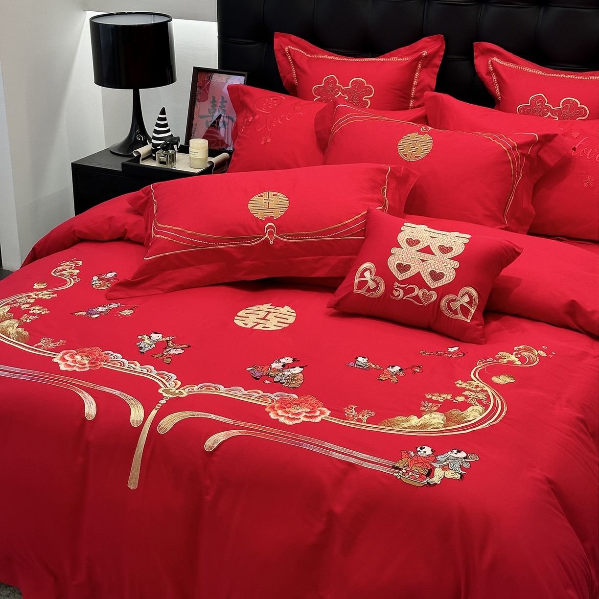 91家纺网 家纺一手货源 找家纺 （总）JUICY 橘滋家纺 2026新款全棉大红刺绣婚庆实惠款四件套多件套