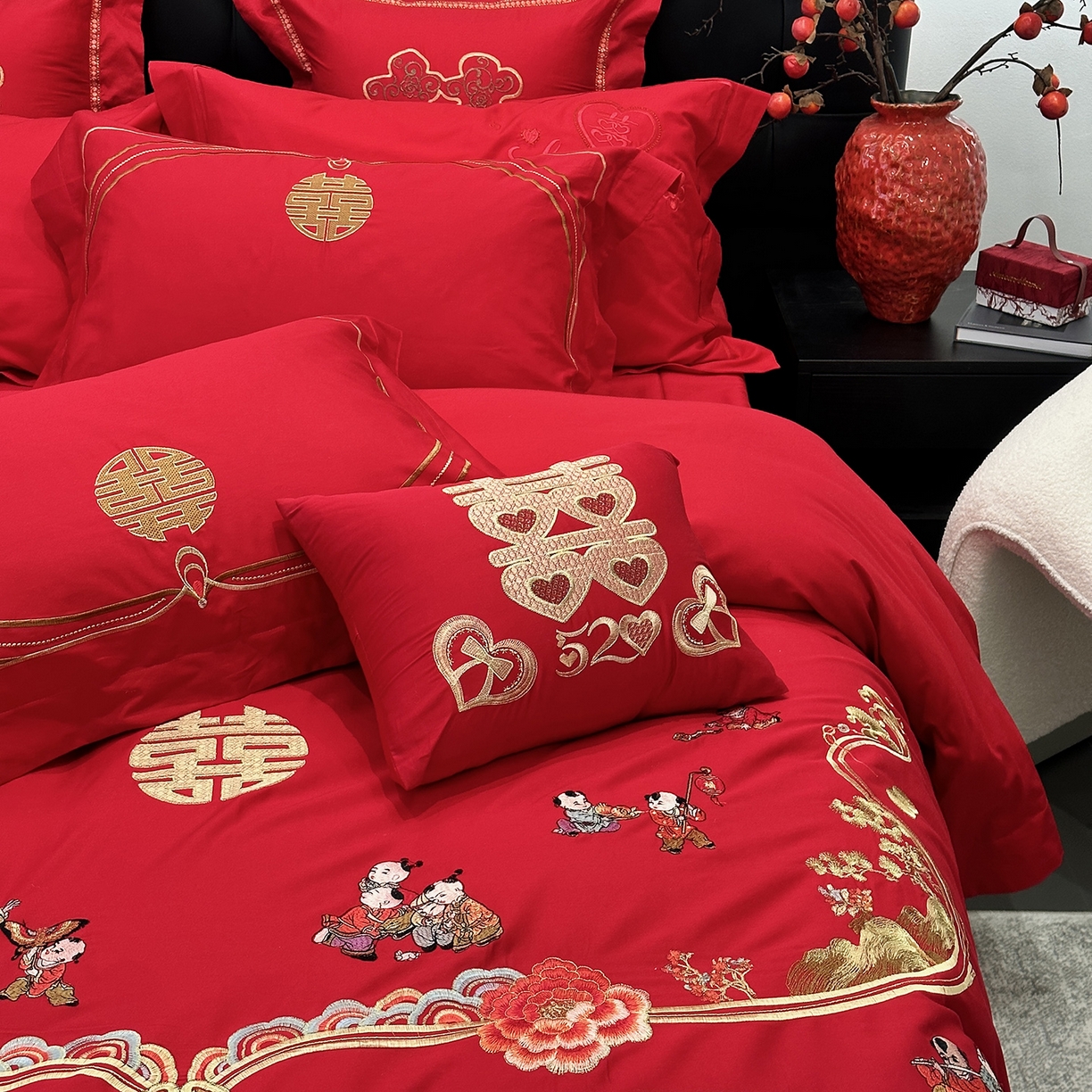 91家纺网 家纺一手货源 找家纺 （总）JUICY 橘滋家纺 2026新款全棉大红刺绣婚庆实惠款四件套多件套