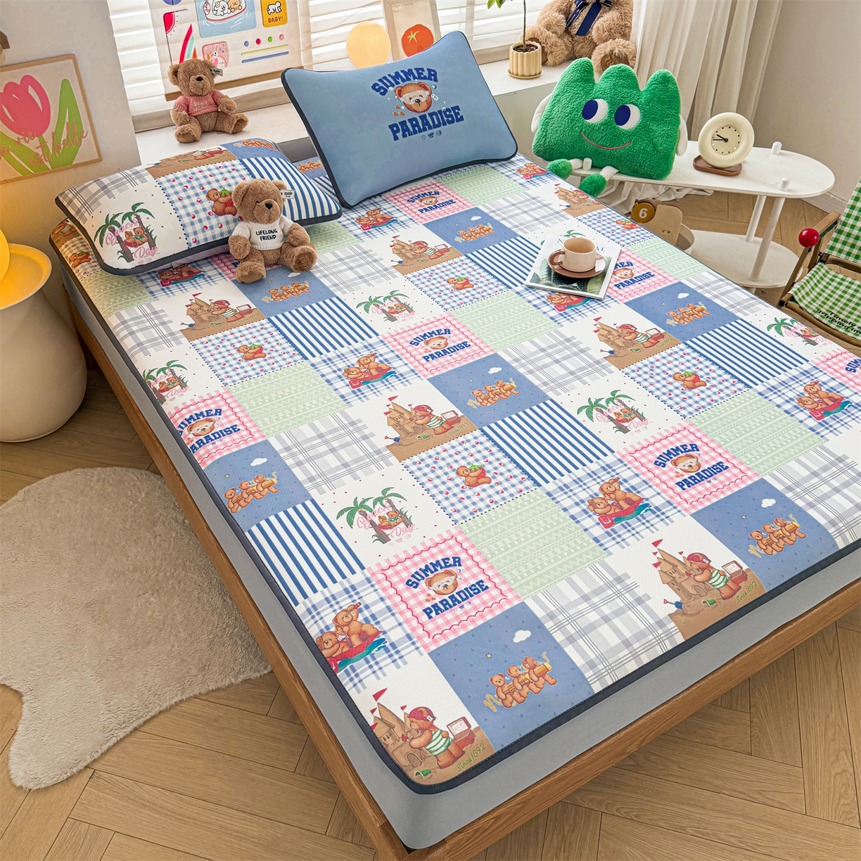 91家纺网 家纺一手货源 找家纺 慕木家纺 2026春夏新款泰迪冰丝席系列凉席席子空调软席平席和床笠 泰迪区域 床笠款