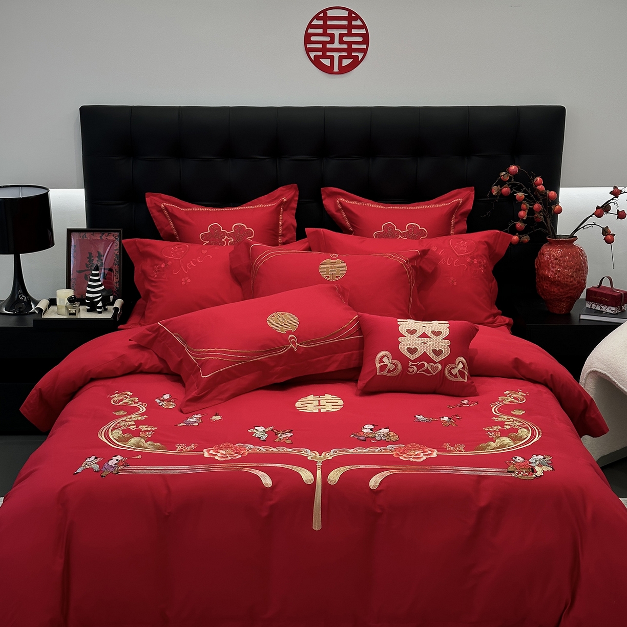 91家纺网 家纺一手货源 找家纺 （总）JUICY 橘滋家纺 2026新款全棉大红刺绣婚庆实惠款四件套多件套