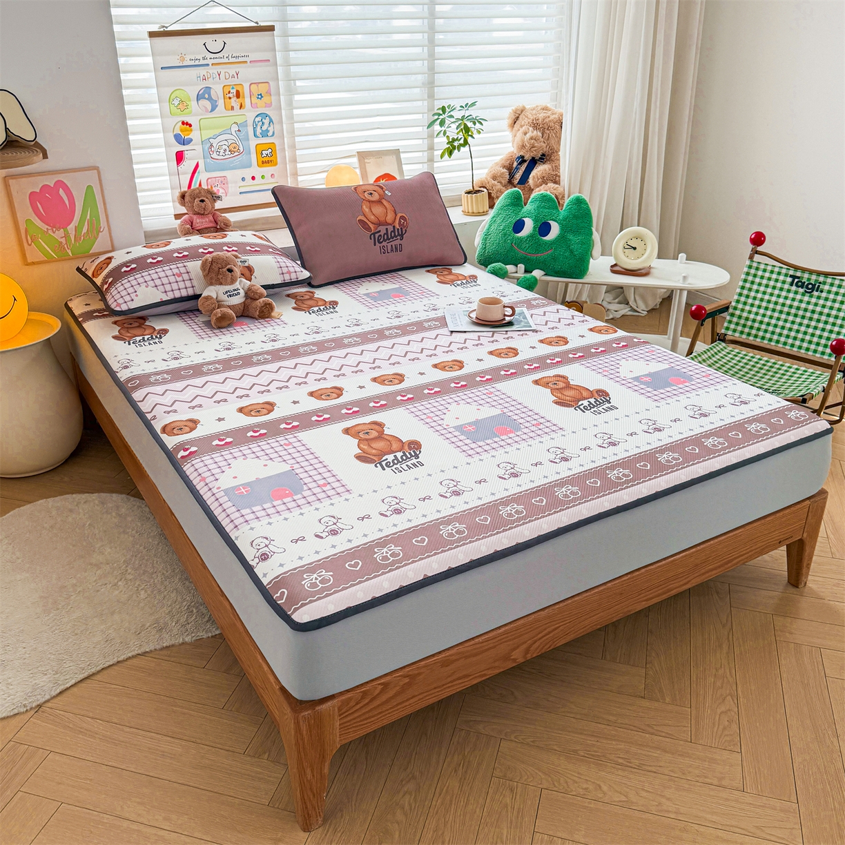 91家纺网 家纺一手货源 找家纺 慕木家纺 2026春夏新款泰迪冰丝席系列凉席席子空调软席平席和床笠 泰迪甜点 床笠款