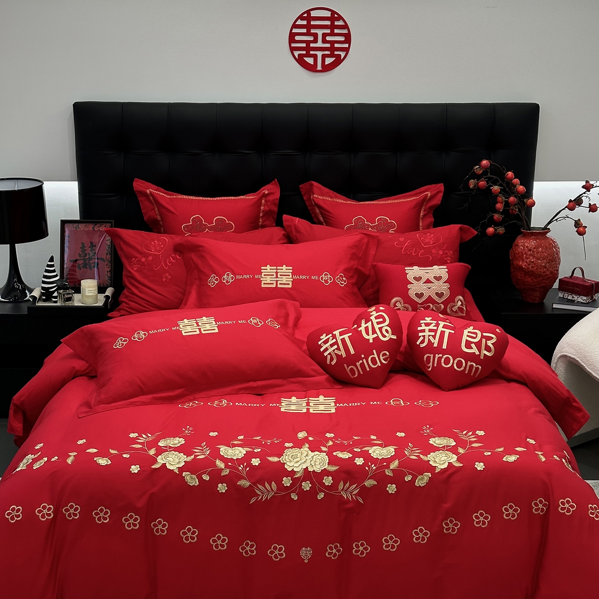 91家纺网 家纺一手货源 找家纺 （总）JUICY 橘滋家纺 2026新款全棉大红刺绣婚庆实惠款四件套多件套