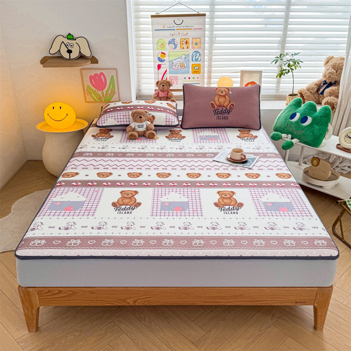 91家纺网 家纺一手货源 找家纺 慕木家纺 2026春夏新款泰迪冰丝席系列凉席席子空调软席平席和床笠 泰迪甜点 床笠款