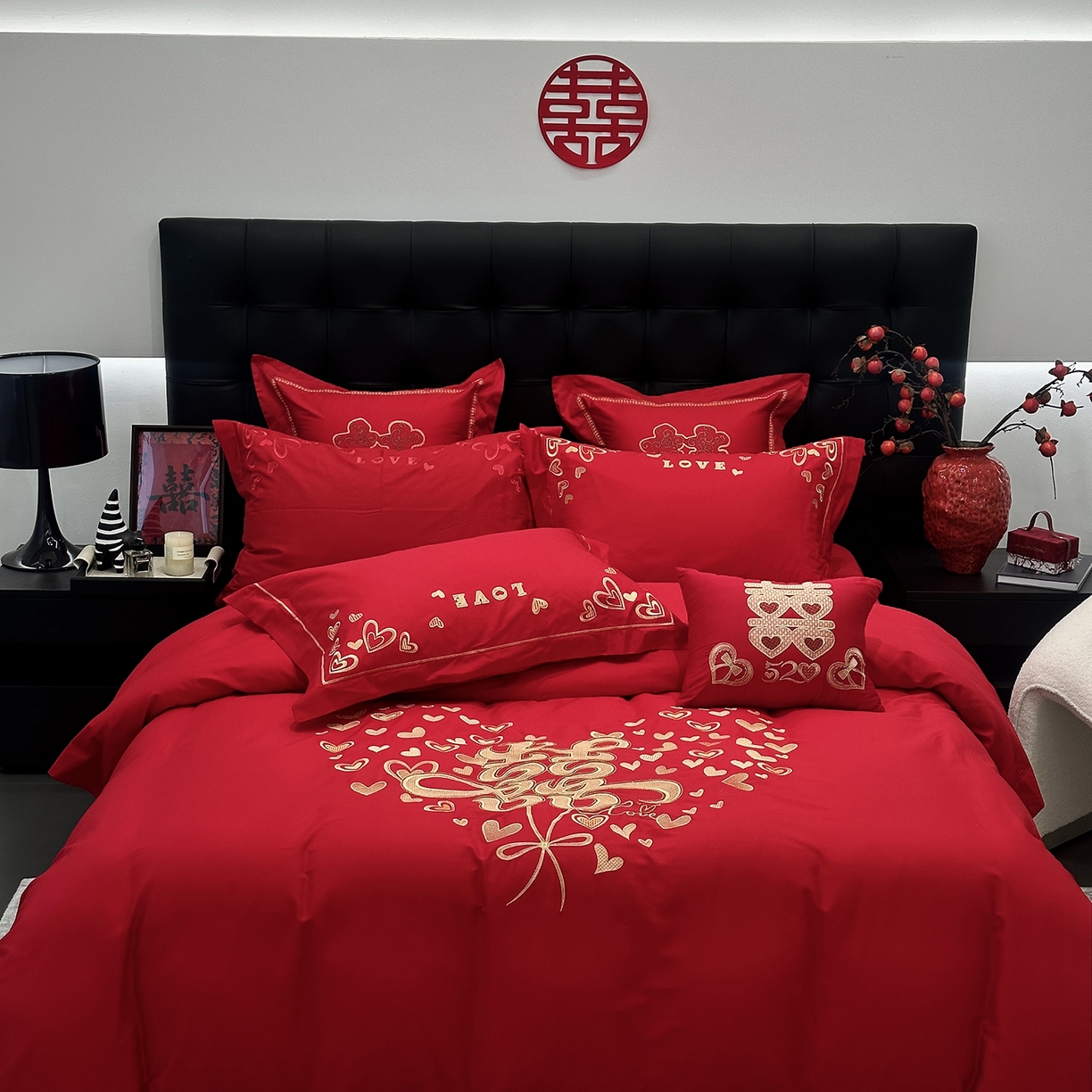 91家纺网 家纺一手货源 找家纺 （总）JUICY 橘滋家纺 2026新款全棉大红刺绣婚庆实惠款四件套多件套