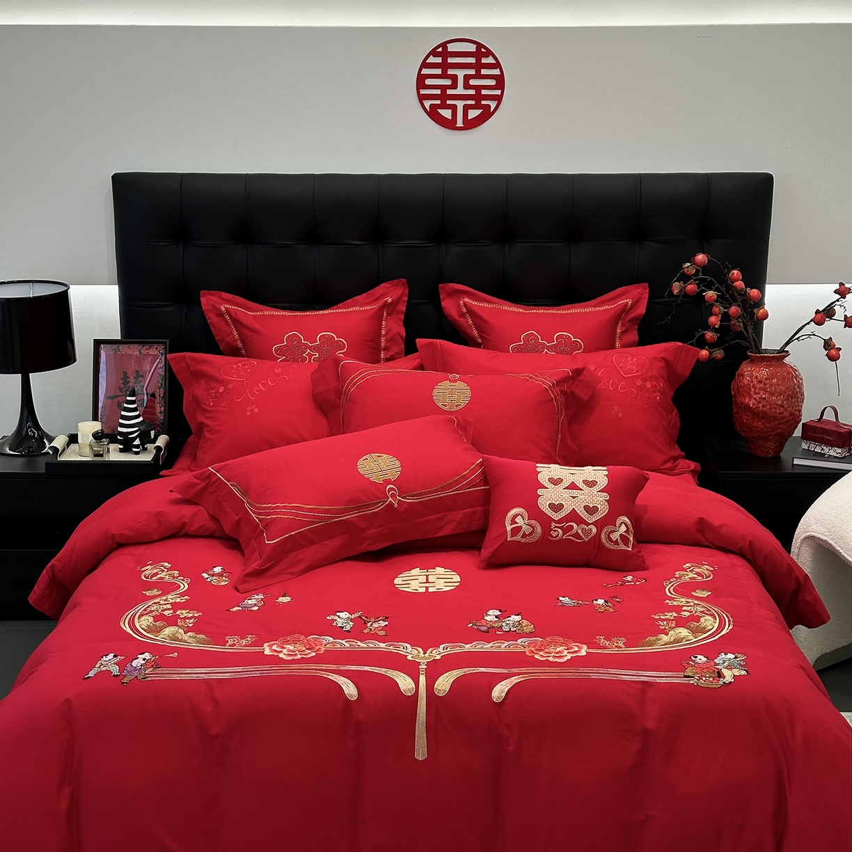 91家纺网 家纺一手货源 找家纺 JUICY 橘滋家纺 2026新款全棉大红刺绣婚庆实惠款四件套多件套 百子喜事