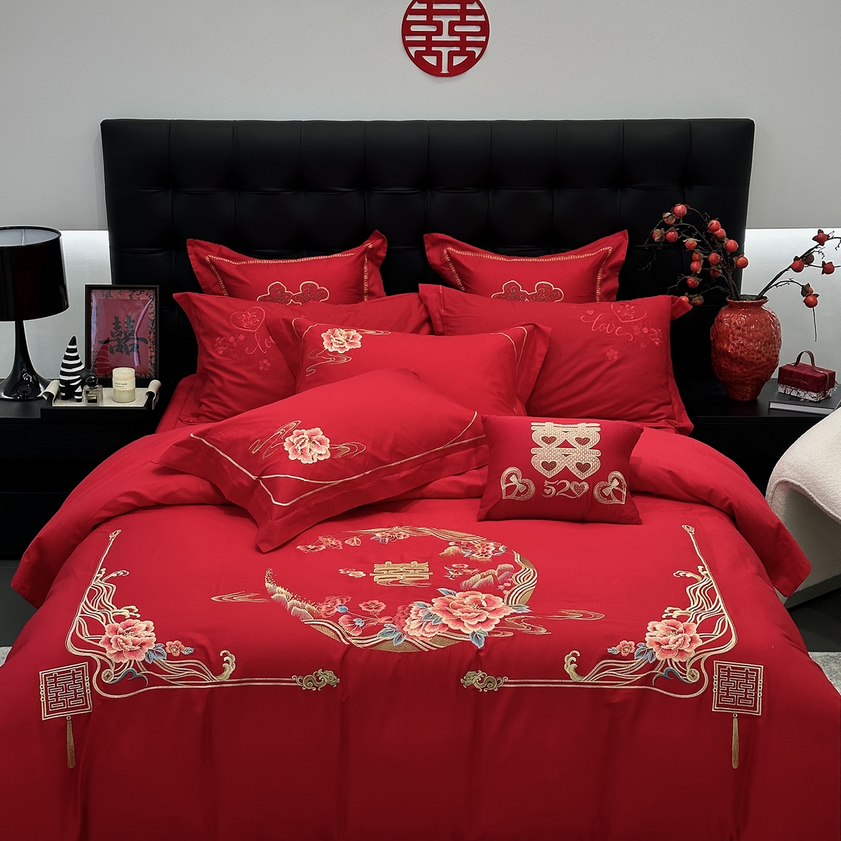 JUICY 橘滋家纺 2026新款全棉大红刺绣婚庆实惠款四件套多件套 花好月圆