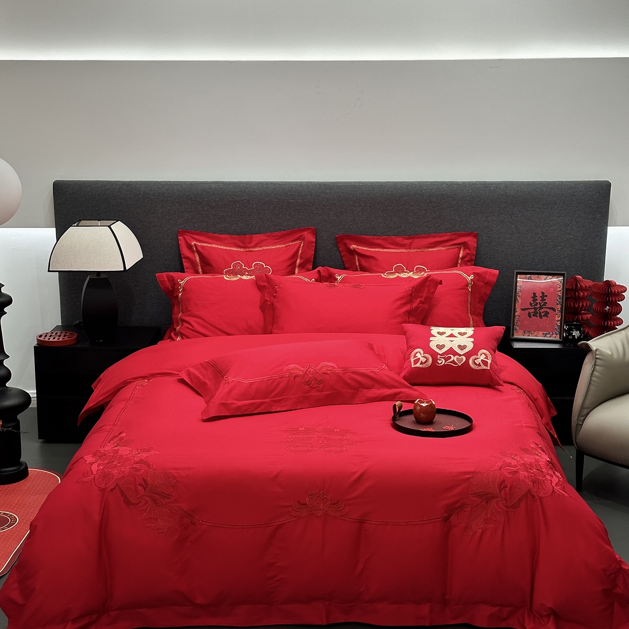 JUICY 橘滋家纺 2026新款全棉大红刺绣婚庆实惠款四件套多件套 花开富贵（红）