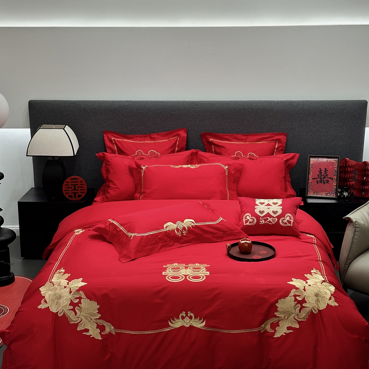 JUICY 橘滋家纺 2026新款全棉大红刺绣婚庆实惠款四件套多件套 花开富贵（金）