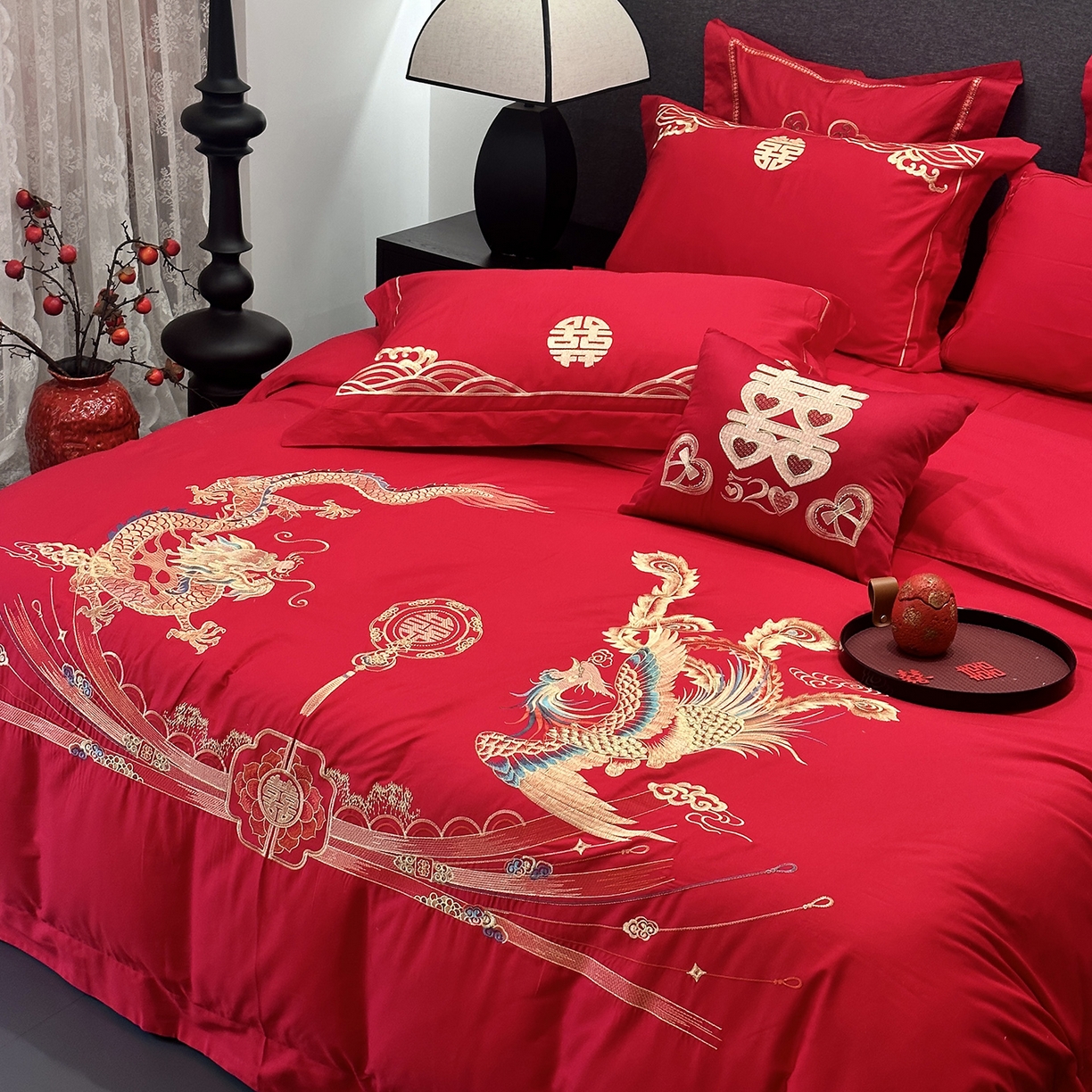 91家纺网 家纺一手货源 找家纺 JUICY 橘滋家纺 2026新款全棉大红刺绣婚庆实惠款四件套多件套 龙凤喜乐