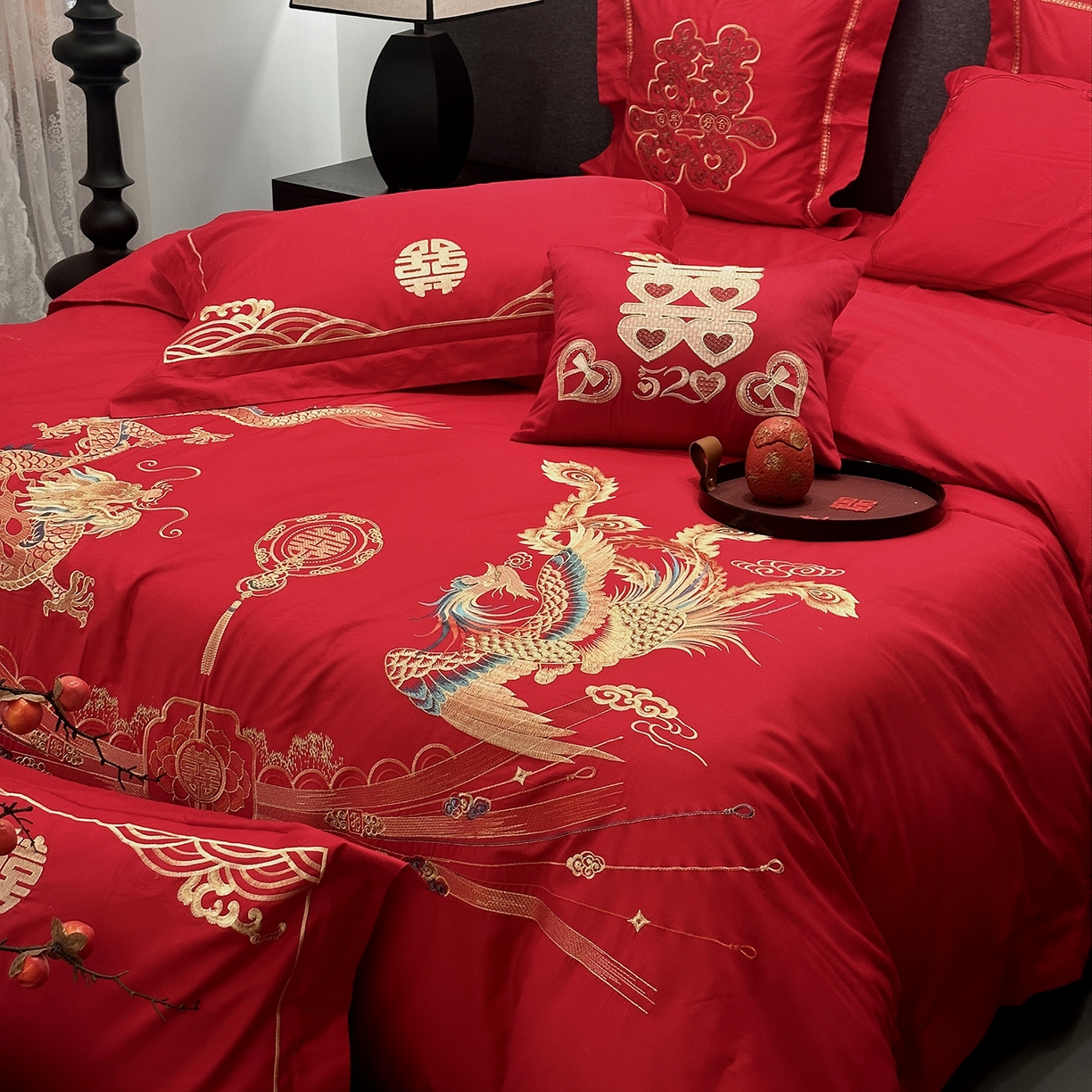 91家纺网 家纺一手货源 找家纺 JUICY 橘滋家纺 2026新款全棉大红刺绣婚庆实惠款四件套多件套 龙凤喜乐