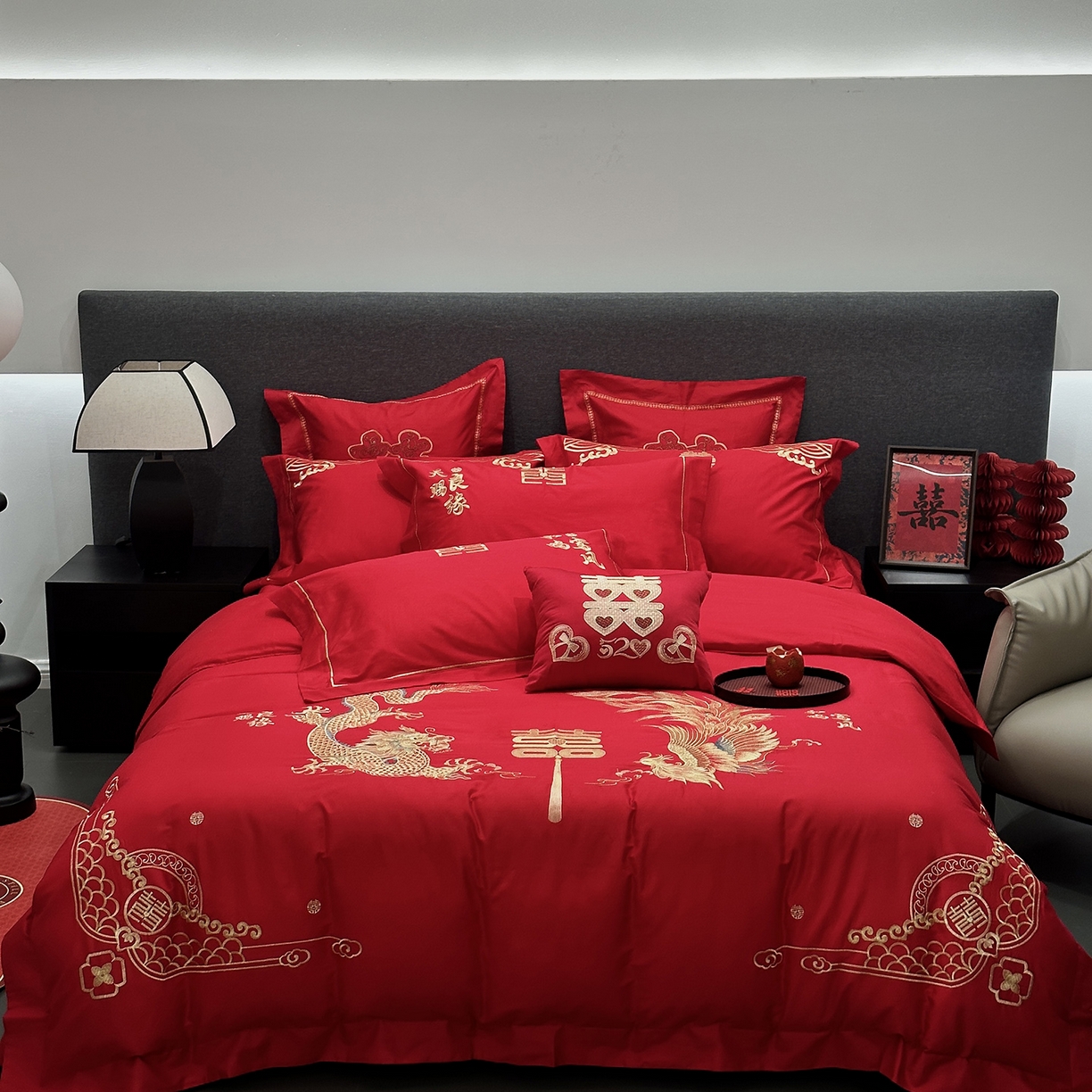 JUICY 橘滋家纺 2026新款全棉大红刺绣婚庆实惠款四件套多件套 龙凤喜事