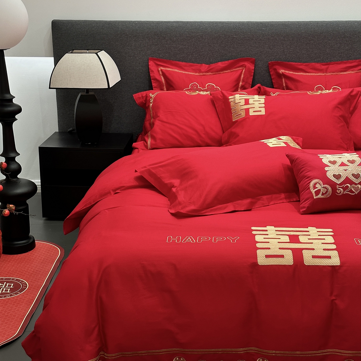 91家纺网 家纺一手货源 找家纺 JUICY 橘滋家纺 2026新款全棉大红刺绣婚庆实惠款四件套多件套 喜上加喜