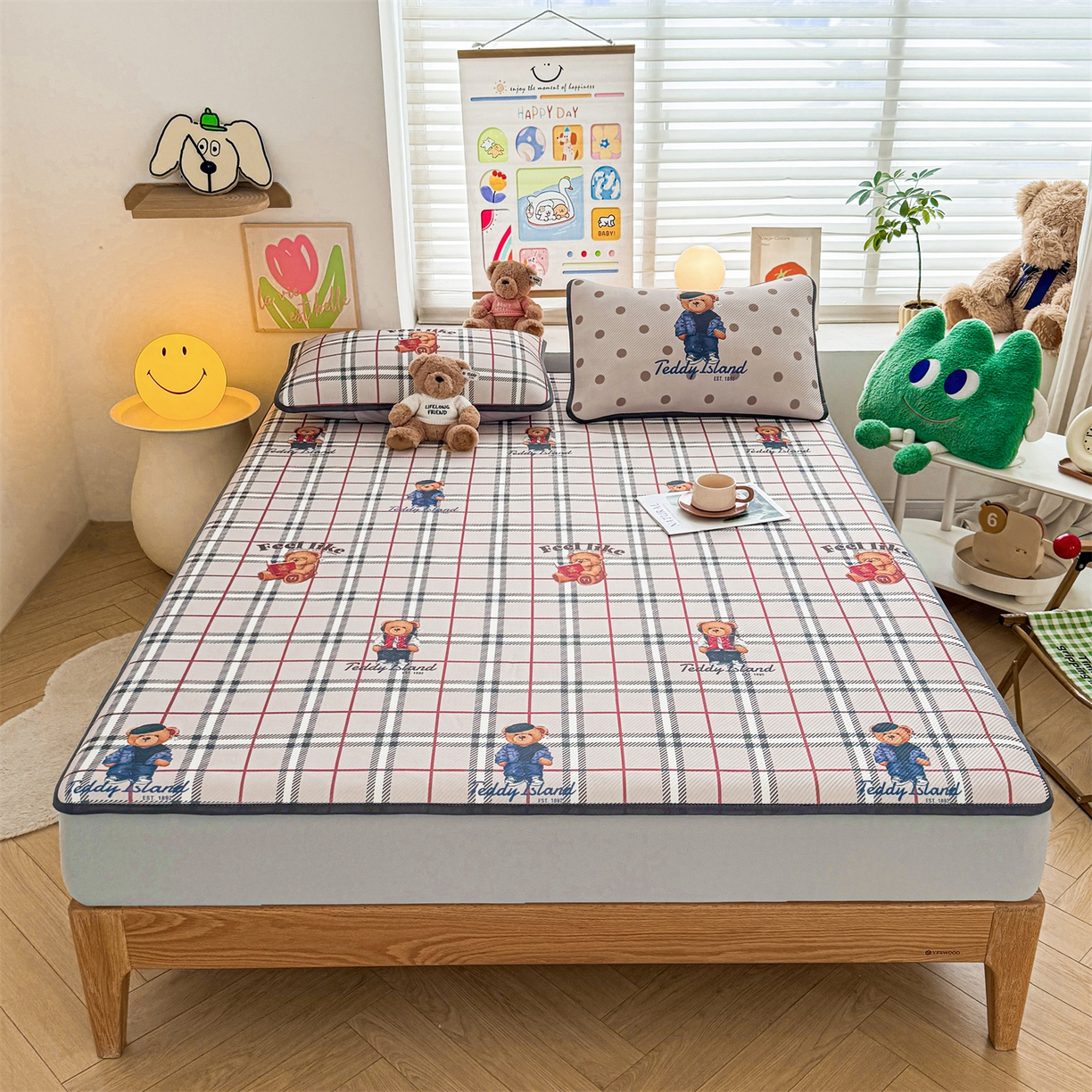 91家纺网 家纺一手货源 找家纺 慕木家纺 2026春夏新款泰迪冰丝席系列凉席席子空调软席平席和床笠 泰迪英伦 床笠款