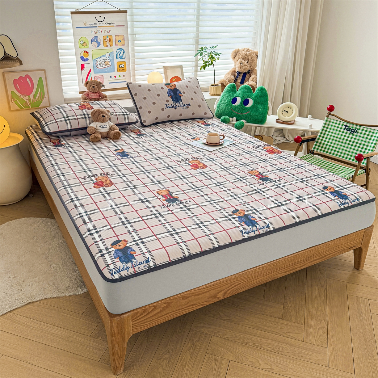 91家纺网 家纺一手货源 找家纺 慕木家纺 2026春夏新款泰迪冰丝席系列凉席席子空调软席平席和床笠 泰迪英伦 床笠款