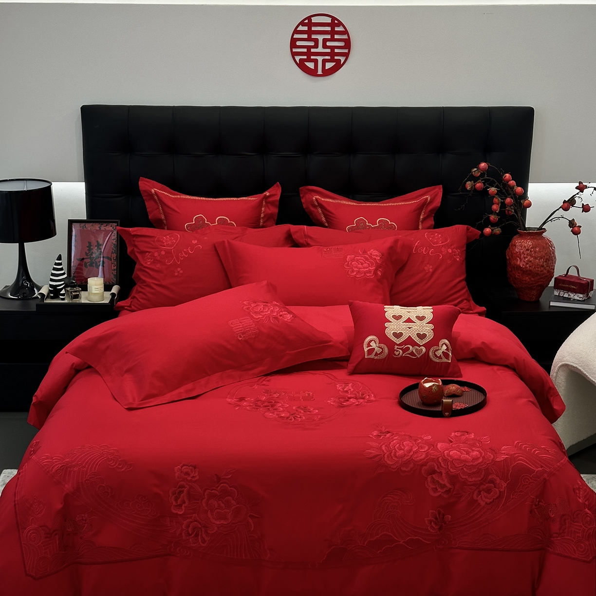 JUICY 橘滋家纺 2026新款全棉大红刺绣婚庆实惠款四件套多件套 喜事如意