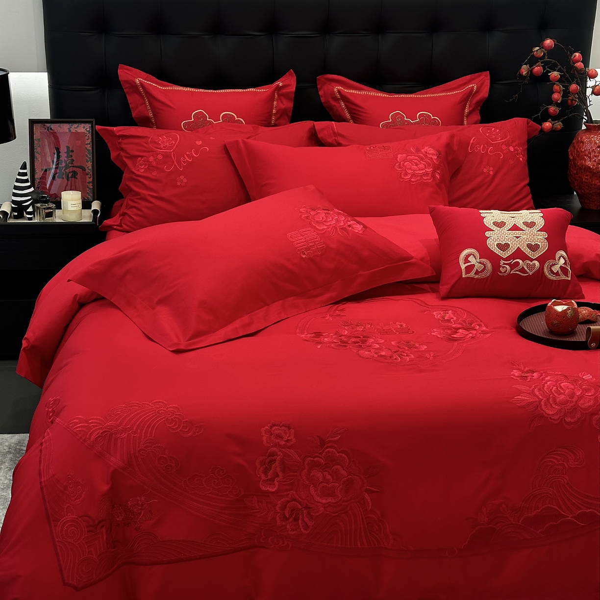 91家纺网 家纺一手货源 找家纺 JUICY 橘滋家纺 2026新款全棉大红刺绣婚庆实惠款四件套多件套 喜事如意