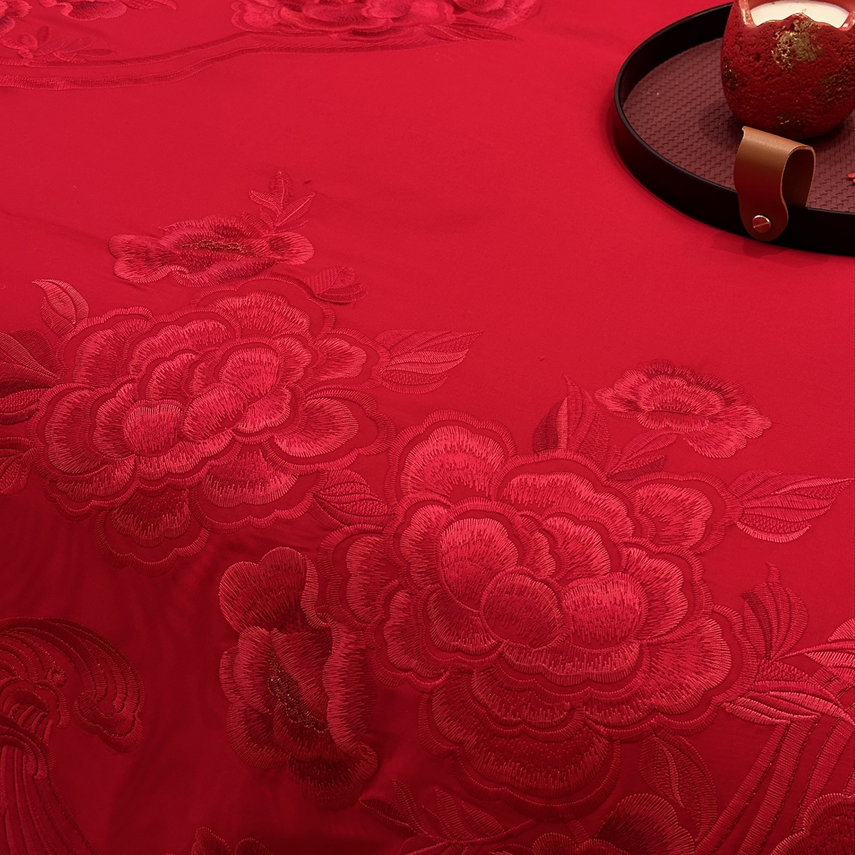 91家纺网 家纺一手货源 找家纺 JUICY 橘滋家纺 2026新款全棉大红刺绣婚庆实惠款四件套多件套 喜事如意