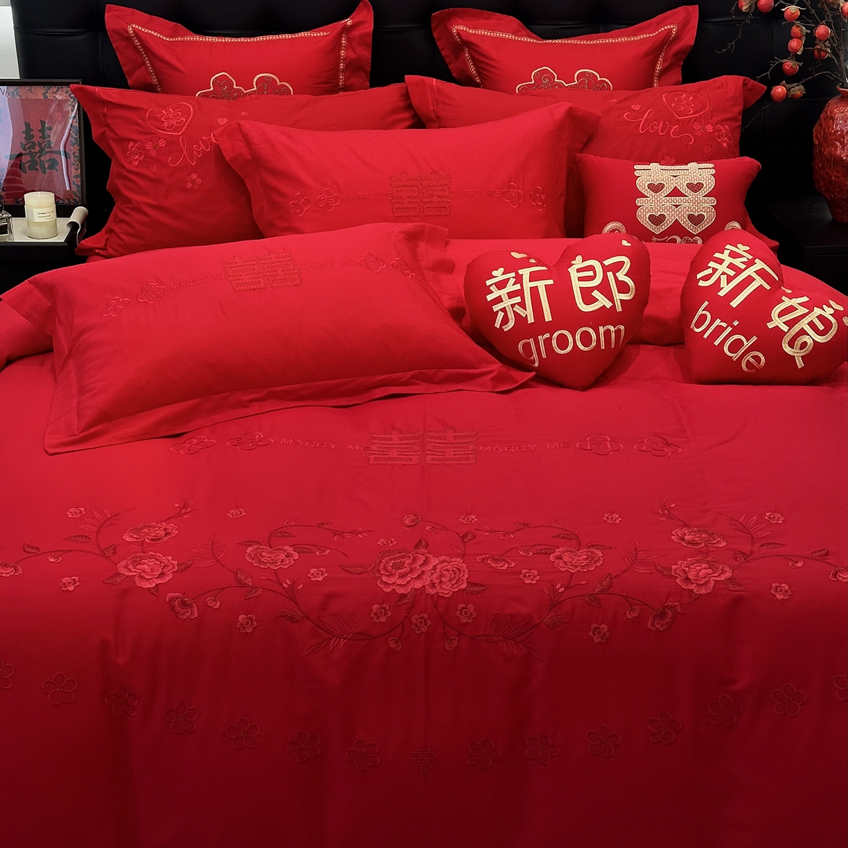 91家纺网 家纺一手货源 找家纺 JUICY 橘滋家纺 2026新款全棉大红刺绣婚庆实惠款四件套多件套 喜悦锦簇-红