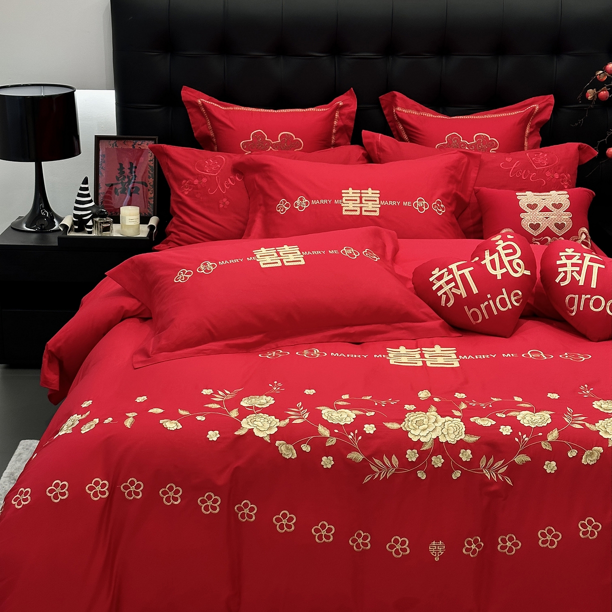 91家纺网 家纺一手货源 找家纺 JUICY 橘滋家纺 2026新款全棉大红刺绣婚庆实惠款四件套多件套 喜悦锦簇-金