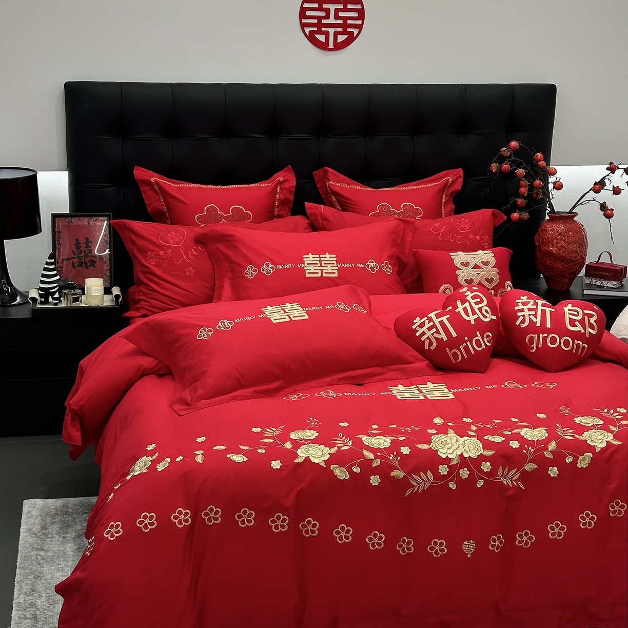91家纺网 家纺一手货源 找家纺 JUICY 橘滋家纺 2026新款全棉大红刺绣婚庆实惠款四件套多件套 喜悦锦簇-金