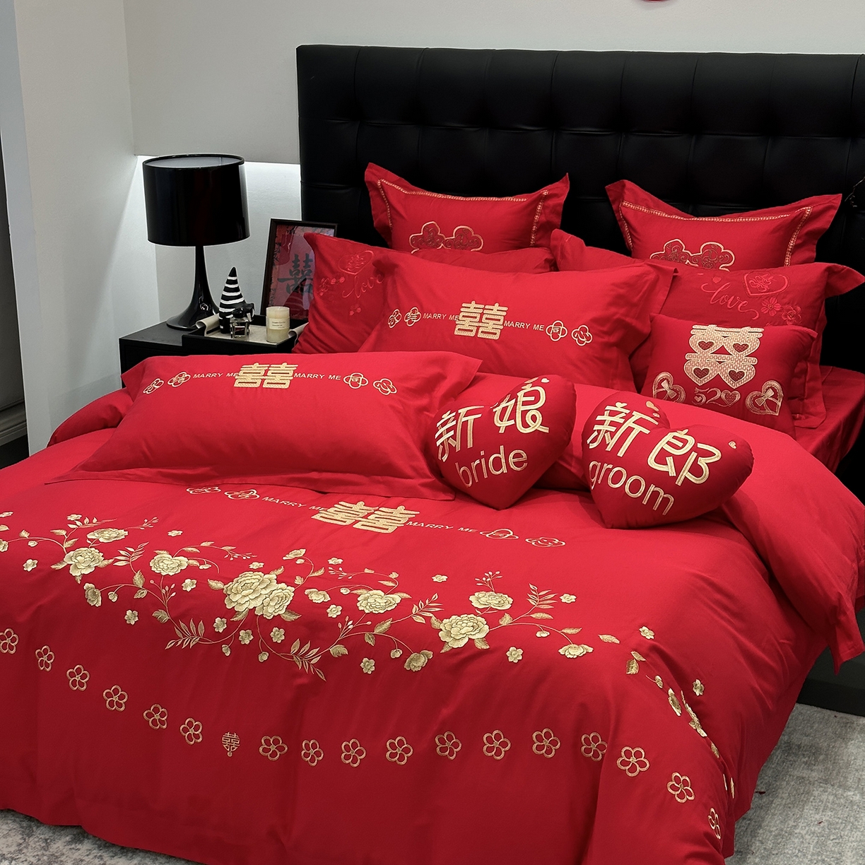91家纺网 家纺一手货源 找家纺 JUICY 橘滋家纺 2026新款全棉大红刺绣婚庆实惠款四件套多件套 喜悦锦簇-金