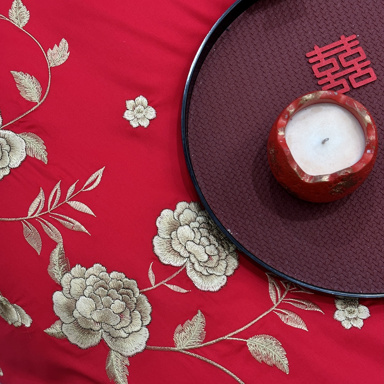 91家纺网 家纺一手货源 找家纺 JUICY 橘滋家纺 2026新款全棉大红刺绣婚庆实惠款四件套多件套 喜悦锦簇-金