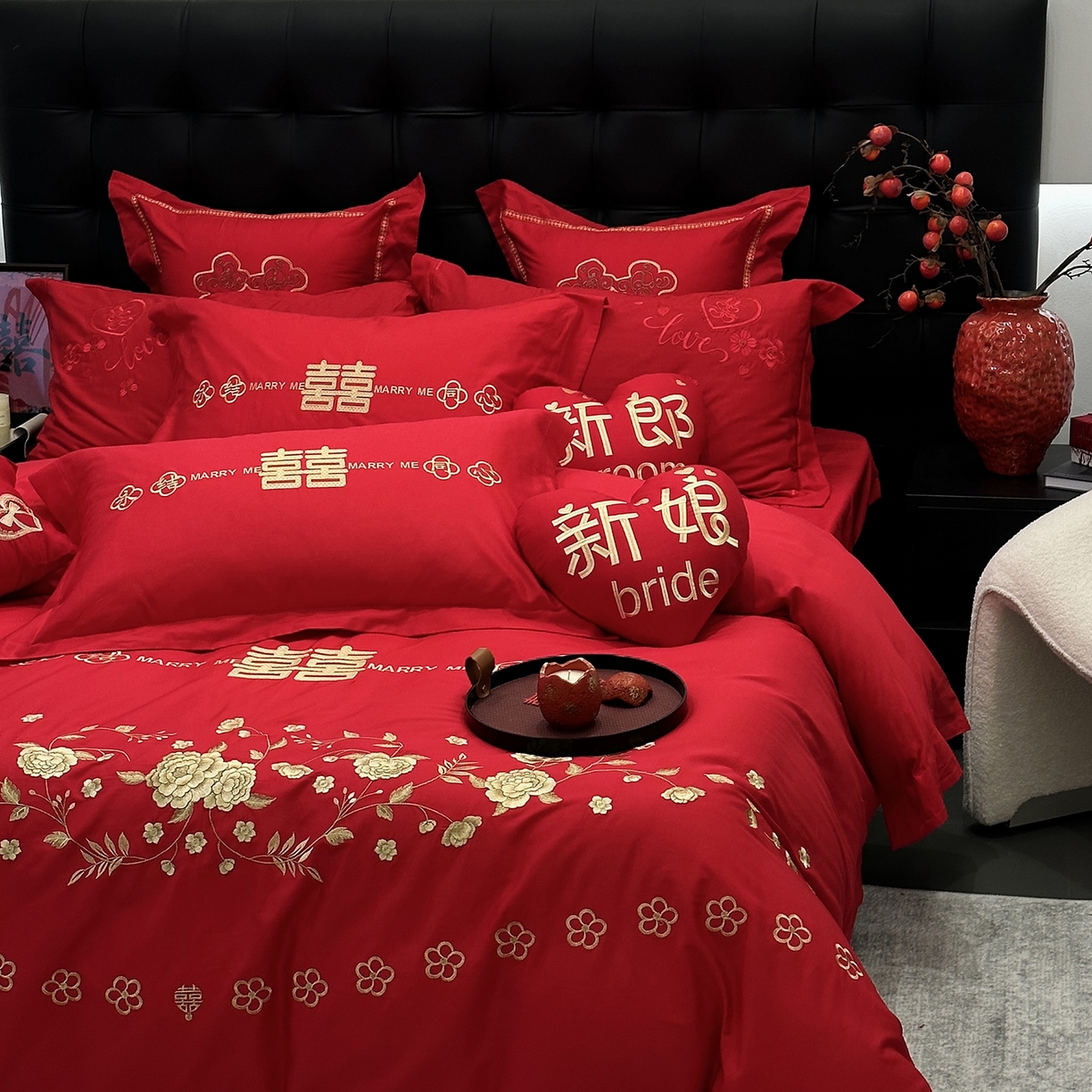 91家纺网 家纺一手货源 找家纺 JUICY 橘滋家纺 2026新款全棉大红刺绣婚庆实惠款四件套多件套 喜悦锦簇-金