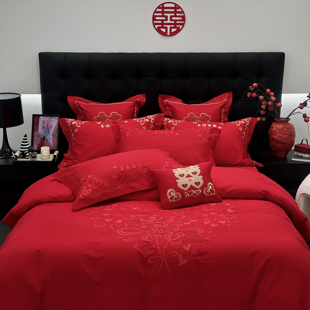 JUICY 橘滋家纺 2026新款全棉大红刺绣婚庆实惠款四件套多件套 心心相印-红