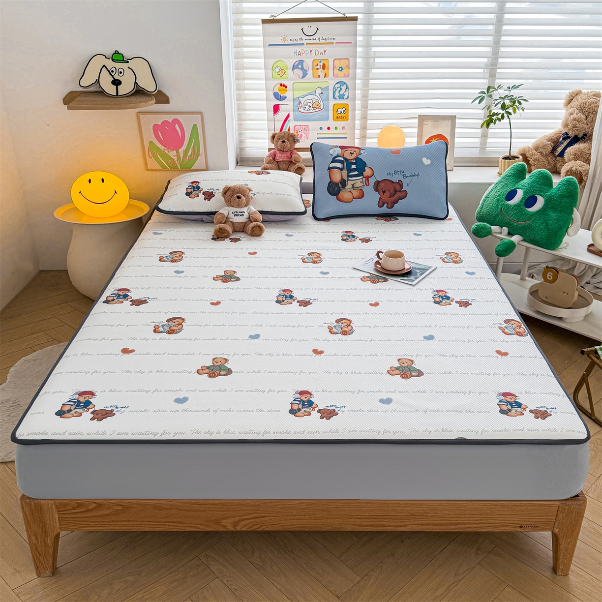 91家纺网 家纺一手货源 找家纺 慕木家纺 2026春夏新款泰迪冰丝席系列凉席席子空调软席平席和床笠 泰迪字母 床笠款