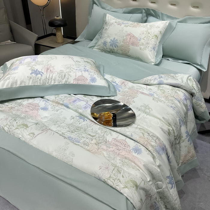 91家纺网 家纺一手货源 找家纺 爱彼家纺 2026夏季热门数码冰丝水墨画风单夏被凉感冰丝夏被四件套 夏被-山水画绿