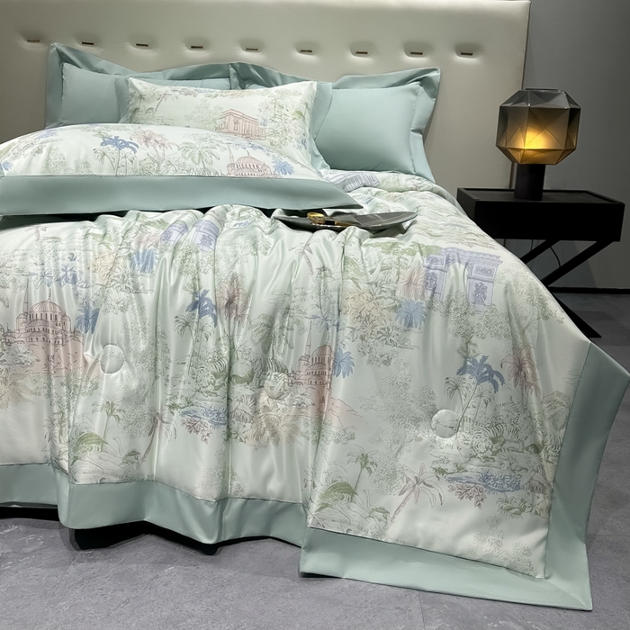 91家纺网 家纺一手货源 找家纺 爱彼家纺 2026夏季热门数码冰丝水墨画风单夏被凉感冰丝夏被四件套 夏被-山水画绿