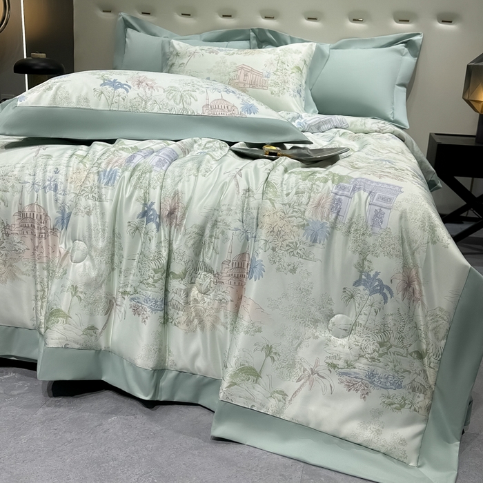 91家纺网 家纺一手货源 找家纺 爱彼家纺 2026夏季热门数码冰丝水墨画风单夏被凉感冰丝夏被四件套 夏被-山水画绿