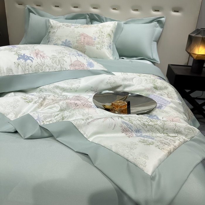 91家纺网 家纺一手货源 找家纺 爱彼家纺 2026夏季热门数码冰丝水墨画风单夏被凉感冰丝夏被四件套 夏被-山水画绿