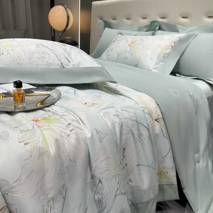 91家纺网 家纺一手货源 找家纺 爱彼家纺 2026夏季热门数码冰丝水墨画风单夏被凉感冰丝夏被四件套 夏被-初夏