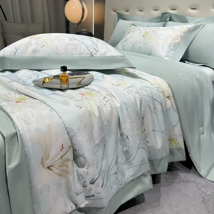 91家纺网 家纺一手货源 找家纺 爱彼家纺 2026夏季热门数码冰丝水墨画风单夏被凉感冰丝夏被四件套 夏被-初夏