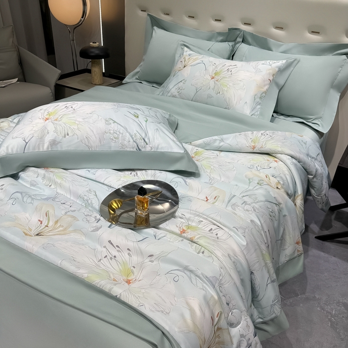 91家纺网 家纺一手货源 找家纺 爱彼家纺 2026夏季热门数码冰丝水墨画风单夏被凉感冰丝夏被四件套 夏被-初夏