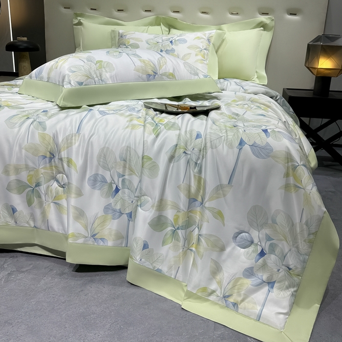 91家纺网 家纺一手货源 找家纺 爱彼家纺 2026夏季热门数码冰丝水墨画风单夏被凉感冰丝夏被四件套 夏被-绿叶花园