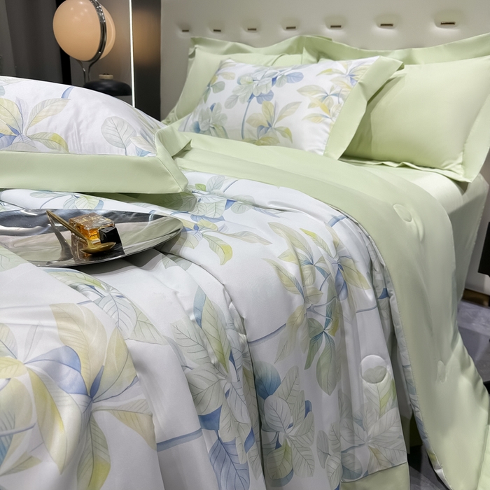 91家纺网 家纺一手货源 找家纺 爱彼家纺 2026夏季热门数码冰丝水墨画风单夏被凉感冰丝夏被四件套 夏被-绿叶花园